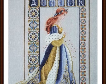 PDF + SAGA Digital cross stitch pattern Lady Autumn Gold Fall Seasons Leaf Miss Queen Woman Dress Cross Stitch Embroidery Chart