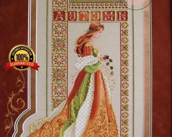Kruissteekpatroonhouder Markup PDF Keltische dame Herfstbladeren Oranje Groen Goud Herfstseizoenen Blad Miss Koningin Vrouw Alternatieve versie