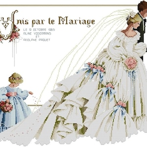 Può includere: Design a punto croce di una scena di matrimonio. Sono raffigurati una sposa in abito bianco con lungo strascico e uno sposo in abito nero. Una ragazzina in abito blu sparge fiori. Il testo "Unis par le Mariage" è in alto.