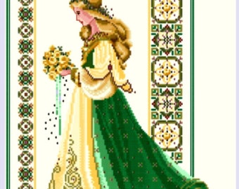 PDF + SAGA Digital cross stitch pattern Lady Spring Alternative Green Bouquet Seasons Miss Woman Dress Cross Stitch Embroidery Chart