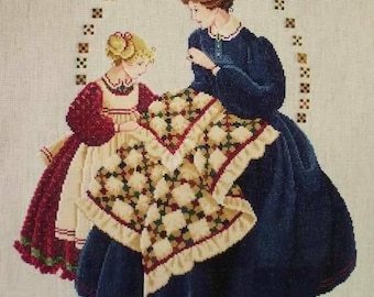 PDF + SAGA Digital cross stitch pattern The Quiltmaker woman Lady Child Baby Miss Dress Quilt wreath Vintage Cross Stitch Pattern Embroidery