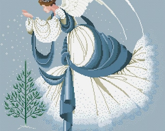PDF + SAGA Digital cross stitch pattern Ice Angel Snow Blue woman Lady Miss Dress flower Tree Vintage Cross Stitch Pattern Embroidery