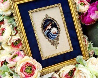 Cross Stitch Pattern Keeper Markup PDF + SAGA Christmas Madonna Nativity Holy Night Mother Child Blue Gold Cameo Counted Embroidery Chart