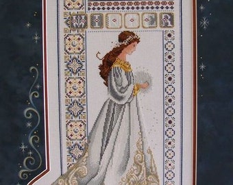 PDF + SAGA Digitaal kruissteekpatroon Lady Winter Keltisch Goud Wit Seizoenen Miss Queen Vrouw Jurk Kruissteek Borduurpatroon