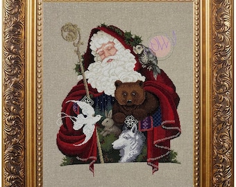 PDF + SAGA Digitaal Kruissteekpatroon Kerstman Bos Noel Kerst Goud Rood Seizoenen Kerstbeer Kruissteek Borduurpatroon