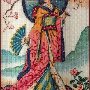 Kruissteekpatroon Keeper Markup PDF + SAGA Elegance Orient Blossom Flower East Kimono Flowers Sakura Borduurwerk Geisha Bloemen Borduurwerk