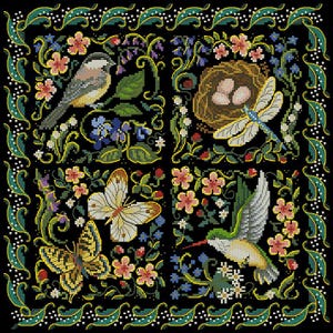 May include: A cross-stitch design featuring a bird, a nest with eggs, a dragonfly, two butterflies, and a hummingbird, surrounded by flowers and foliage. The design is framed by a green and white border on a black background.