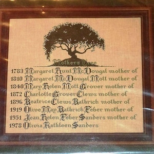 May include: Framed cross-stitch artwork featuring a tree silhouette above a list of names and dates. The text reads "Mothers Tree" and includes names like Margaret Hunt McDougal and Olive May Rathrick. The frame is dark brown.