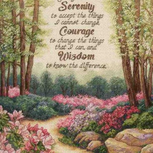 May include: A serene landscape painting featuring a path winding through a garden with pink and red flowers. The artwork includes the text "God grant me Serenity..." in elegant script, offering a message of peace and reflection. The scene is framed by trees.