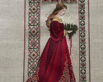 Borduurpatroon voor kruissteek (PDF) + SAGA Keltische dame Noel Kerst Goud Rood Seizoenen Miss Koningin Vrouw Jurk Borduurpatroon DMC
