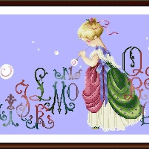 PDF + XSD voor SAGA Digitaal kruissteekpatroon Isabella Garden Girl Bubble Alphabet Lady Miss Woman Cross Stitch Pattern Borduurborduurwerk