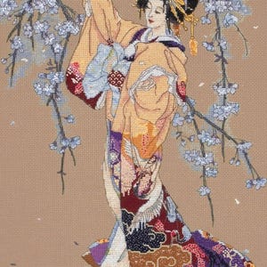 May include: A woman in a colourful kimono stands beneath a blossoming cherry blossom tree. The kimono is adorned with intricate patterns and the woman's hair is styled with a traditional Japanese hair ornament.