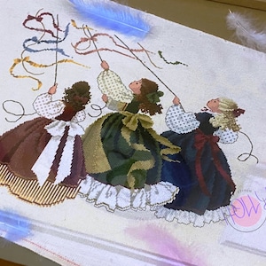 PDF + SAGA Digitaal Kruissteekpatroon Catch Wind Lady Miss Lace Woman Dress Garden Girl Vintage Kruissteekpatroon Borduurkaart
