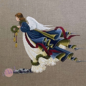 May include: A cross-stitch embroidery of an angel with a wreath and bells, flying with a red and blue ribbon trailing behind her.