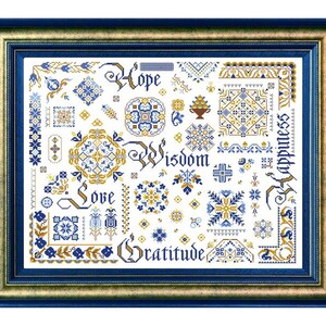 Può includere: Uno sfondo bianco con disegni di ricamo blu e oro. I disegni includono parole come "Hope", "Wisdom", "Love", "Happiness" e "Gratitude".
