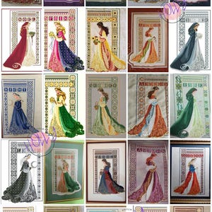 Può includere: Una collezione di ricami a punto croce incorniciati, ognuno raffigurante una donna in un lungo abito. Gli abiti sono in vari colori, tra cui rosso, viola, verde e blu. I ricami sono incorniciati con bordi decorativi e presentano temi stagionali.