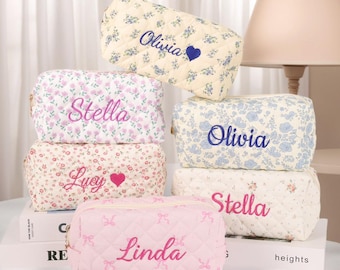 Custom Travel Toiletry Bag With Embroidered Name, Personailzed Floral Cosmetic Bag For Bridal Party Gift, Custom Makeup Bag For Mother's Day