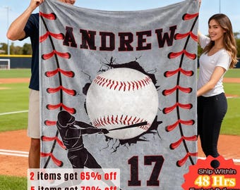 Aangepaste honkbaldeken met naam en nummer, gepersonaliseerde sportteamdeken, aangepaste sportcadeau, dekencadeau voor hem, kinderen, volwassenen