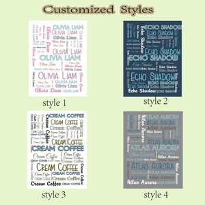 Op de afbeelding: Vier rechthoekige ontwerpen met tekst. Stijl 1 bevat de namen "Olivia Liam" in verschillende lettertypen en kleuren. Stijl 2 toont "Echo Shadow" in blauw. Stijl 3 heeft "Cream Coffee" in bruin en wit. Stijl 4 toont "Atlas Aurora" in grijs en blauw.