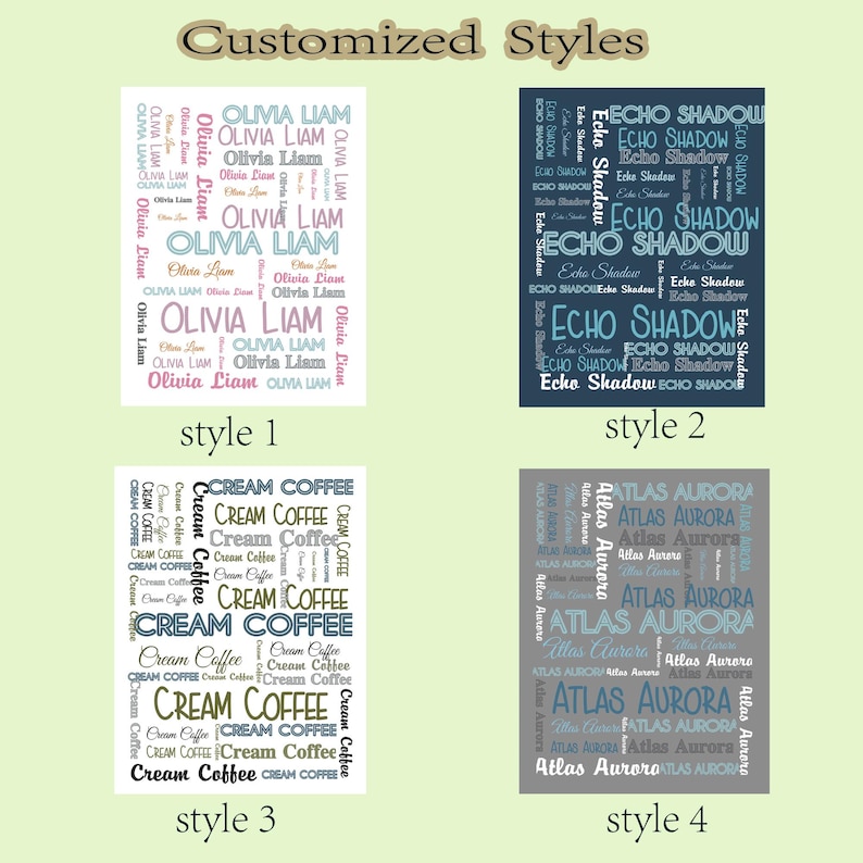Op de afbeelding: Vier rechthoekige ontwerpen met tekst. Stijl 1 bevat de namen "Olivia Liam" in verschillende lettertypen en kleuren. Stijl 2 toont "Echo Shadow" in blauw. Stijl 3 heeft "Cream Coffee" in bruin en wit. Stijl 4 toont "Atlas Aurora" in grijs en blauw.