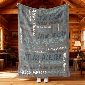 Op de afbeelding: Een grijze deken met de naam "ATLAS AURORA" in verschillende lettertypen en tinten blauw en wit. De deken wordt omhoog gehouden, met een houten hutinterieur op de achtergrond.