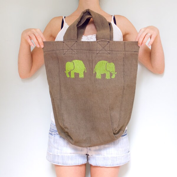 Large Tote Bag with Cute Green Elephant Stencil Print