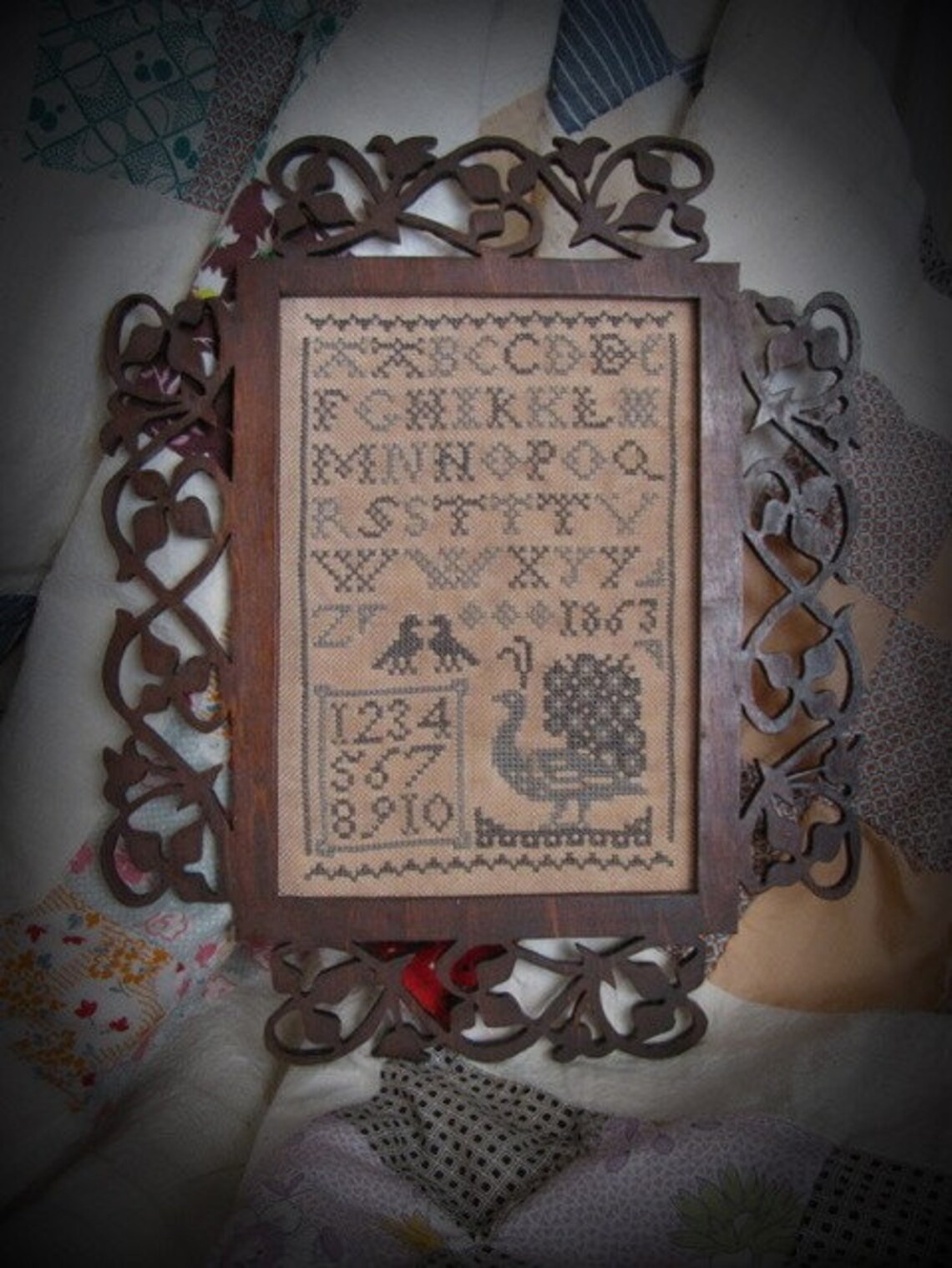 Primitive Cross Stitch Sampler Pattern Peacock Letters PDF Etsy