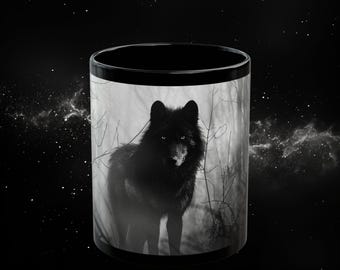 Shadowed Wolf Mug - Noir Wolf, Black Coffee Cup, Animal Lover Gift, Wildlife Cup, Dark Wolf Art Mug