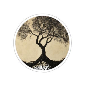Sticker Arbre enchanté : cercle minimaliste avec racines entrelacées et formes géométriques
