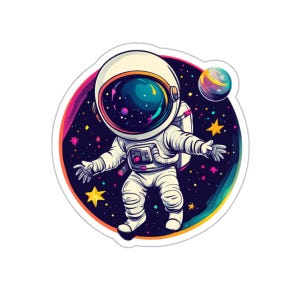 Adesivo fustellato con astronauta chibi allegro che fluttua nello spazio