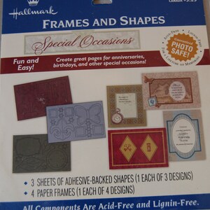 May include: A pack of Hallmark Frames and Shapes for special occasions. The pack includes 3 sheets of adhesive-backed shapes and 4 paper frames. The pack is acid-free and lignin-free. Guaranteed photo safe.