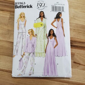 May include: A Butterick sewing pattern, B5963, featuring illustrations of women's sleepwear and dresses. The pattern includes a robe, pajamas, and a long gown. The cover has the text "150 Anniversary" and the size range is (6-8-10-12-14).