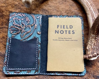 Black leather Field Notes journal or passport cover. Choose from notebook holder with teal floral leather interior pockets