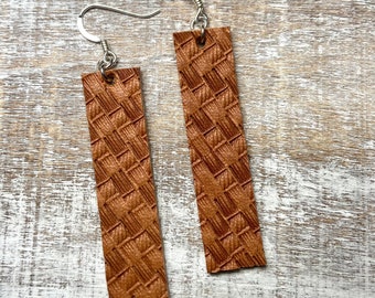 Hand tooled leather basketweave bar earrings with sterling silver hardware