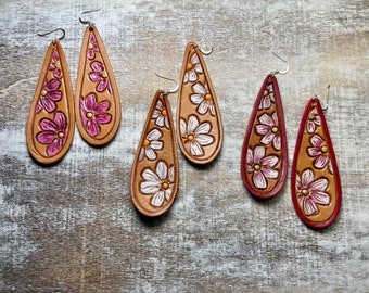 Tooled leather daisy teardrop earrings, hand painted pink and white flower jewelry, lightweight leather earrings