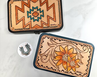 Medium travel jewelry case with hand tooled sunflower or  Aztec leather patch, ready to ship. Jewelry box is a great gift for travelers