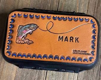 Personalized fly box with trout or bass. Custom stamped leather cover on fly lure case - great gift for fly fisher, traveler or groomsmen.