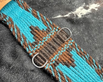 Double Layer Woven Mohair Horse Cinch, Turquoise & Brown, Handcrafted Stainless Steel Buckles, Leather Keeper. Western Horse Tack