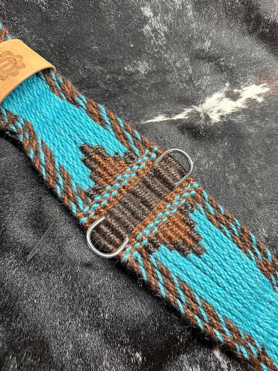 Double Layer Woven Mohair Horse Cinch, Turquoise & Brown, Handcrafted Stainless Steel Buckles, Leather Keeper. Western Horse Tack