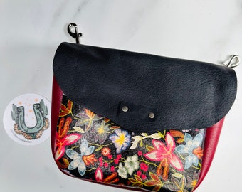 Leather Fanny pack/hip/bum bag in floral, red and black leather, interior card pocket. Cowgirl phone holster for trail and horseback riding