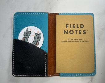 Brown leather Field Notes journal or passport cover. Notebook holder with turquoise leather interior pockets