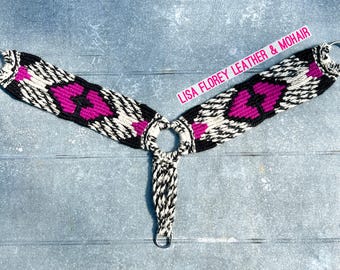 Hand Tied Mohair Horse Breastcollar: Hot Pink, Black & Natural, with Leather Tugs, Stainless Steel Hardware