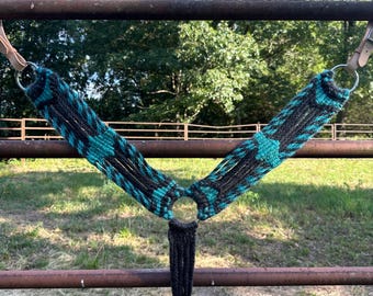 Hand Tied Mohair Horse Breastcollar: Gray &  Turquoise with Stainless Steel Hardware
