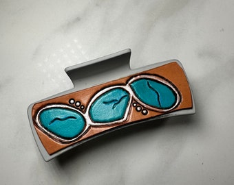 Hair claw clip with turquoise jewels hand tooled patches. One of a kind western style hair accessories make great stocking stuffers!