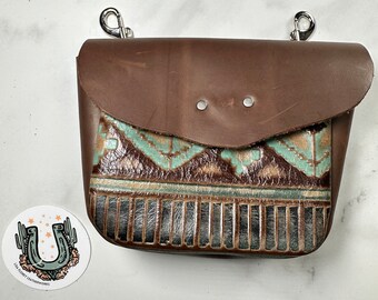 Leather bum bag with brown and aqua Aztec print leather, interior card pocket. Cowgirl hip phone holster for trail and horseback riding