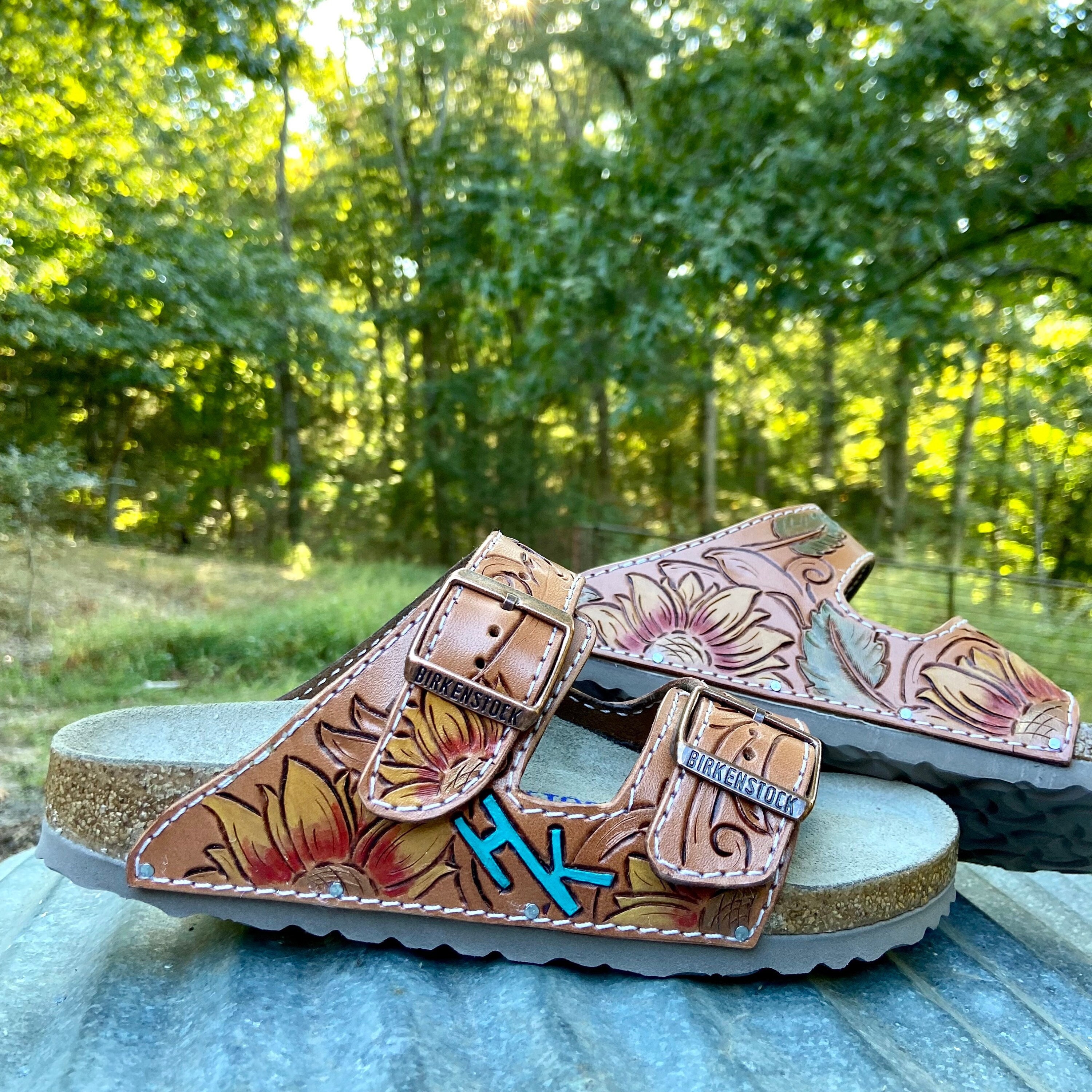 SUNFLOWER Custom Leather Birkenstock Arizona Double Buckle - Etsy