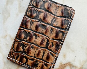 Mini leather wallet with embossed leather—4 card slots & 2 slip pockets. Doubles as a business card holder!