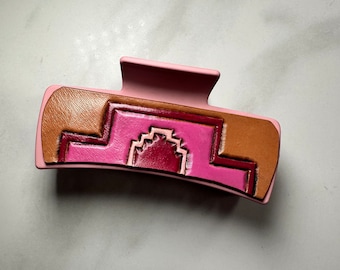 4" hair claw clip with pink southwest Aztec tooled leather patch. One of a kind western style  accessories for Christmas, bridesmaid gifts