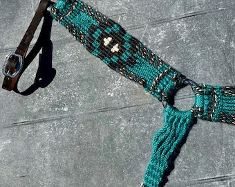 Hand Tied Mohair Horse Breast Collar: Teal, Dark Gray & Natural Mohair, with Leather Tugs, Upgraded PLL Stainless Steel Hardware
