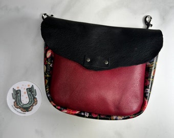 Leather Fanny pack/hip bag with floral, red and black leather, interior card pocket. Hands free pouch for dog walks and treats